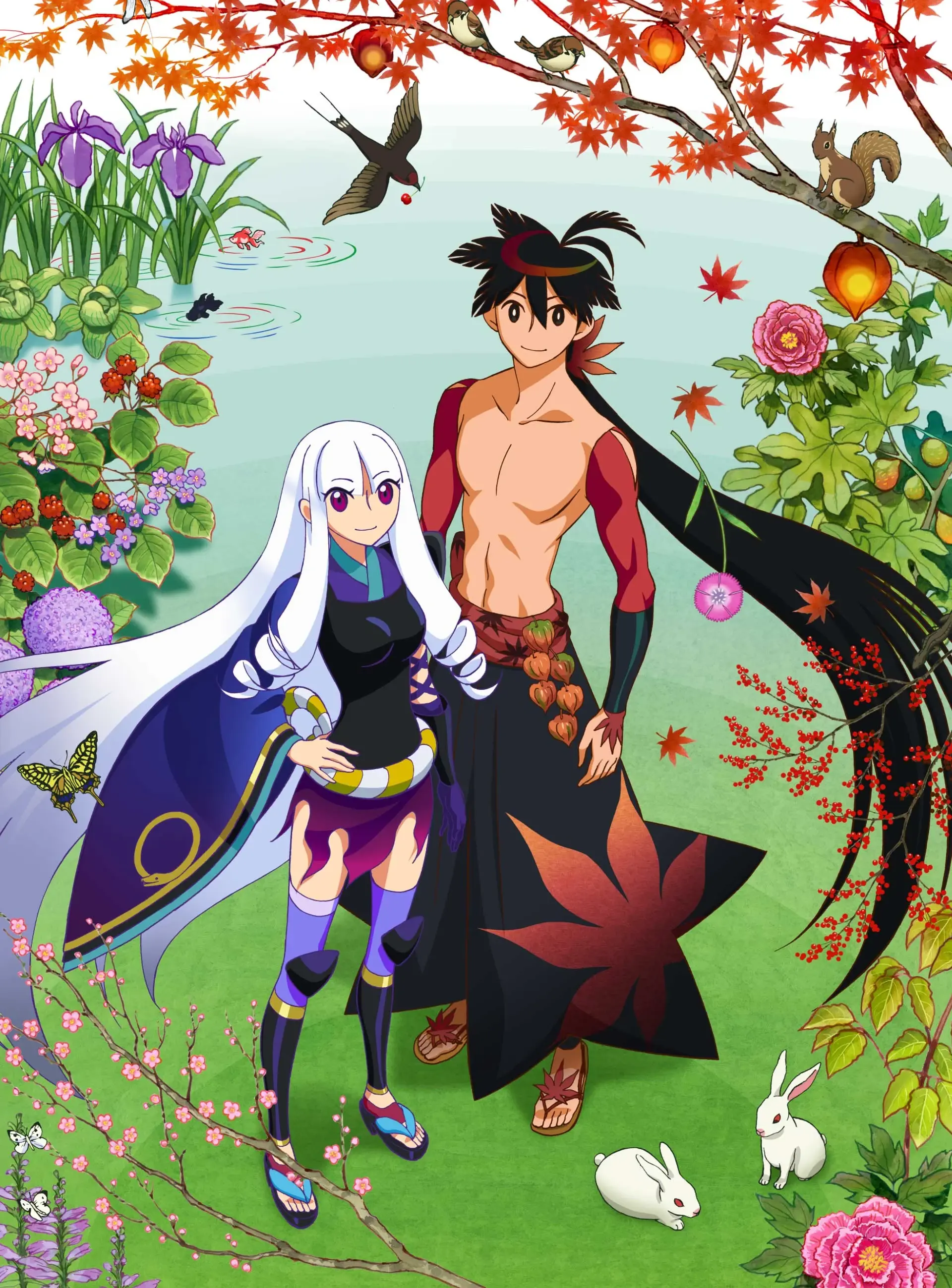 Two anime characters surrounded by colorful flowers and there are birds and rabbits