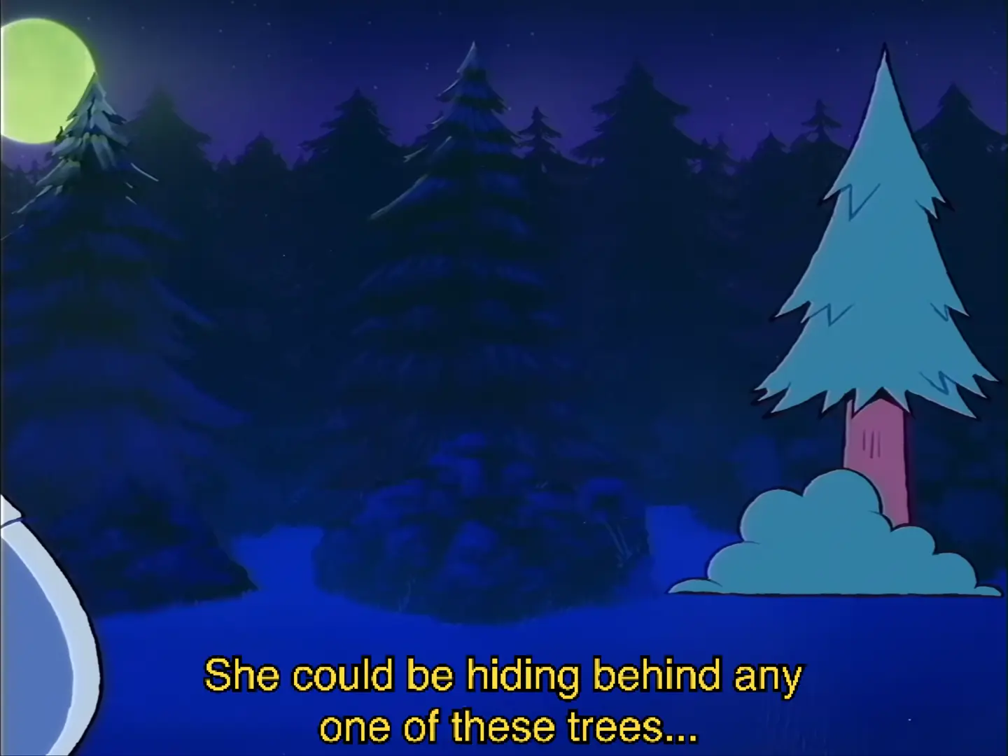 A tree is highlighted and the character is asking someone is hiding behind one of the trees.