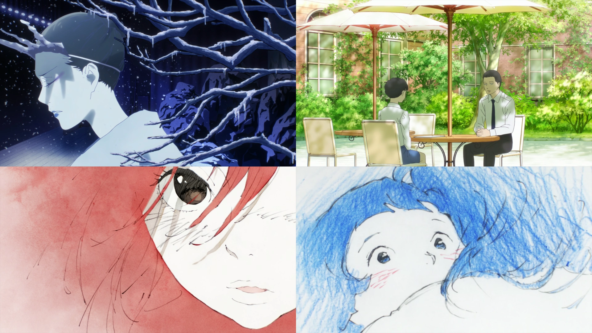 a pic of four different scenes where first scene is a stage play actress acting, second is a boy and a girl interview sitting outside, third is a close-in picture of a red hair girl, fourth is mother hugging a child