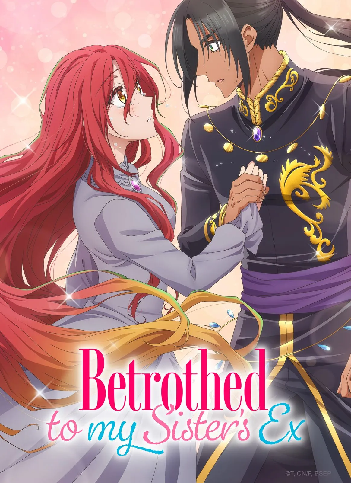 A poster where black hair duke character is holding red hair female MC hand