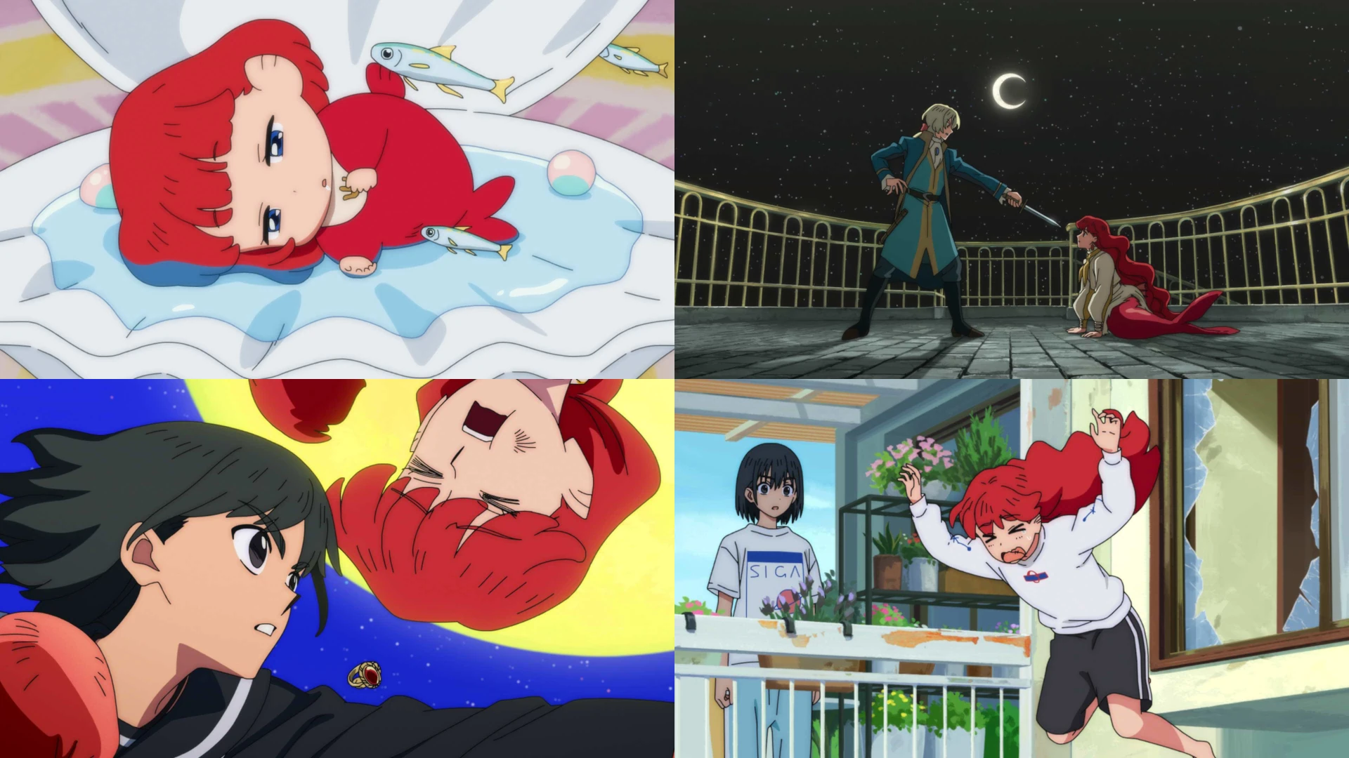 a screenshot of four scenes, top left: a little mermaid born, top right: prince point sword to mermaid, bottom left: a girl punching flying mermaid, bottom right: said mermaid jumping out from a broken window